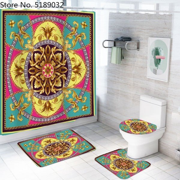 A Set Of 4 Hollow - Shaped Shower Curtains With Bath Mats Toilet Lids, Waterproof Floor Mats Retro Style Shower Curtains - Krosscanada