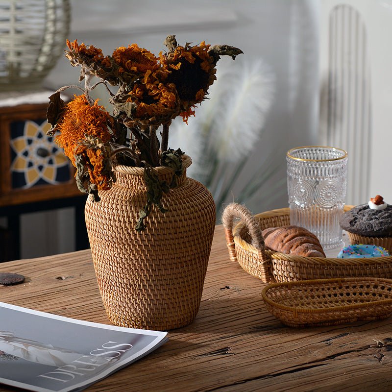 Autumn Rattan Desktop Storage Vase Shooting Props Flower Basket - Krosscanada