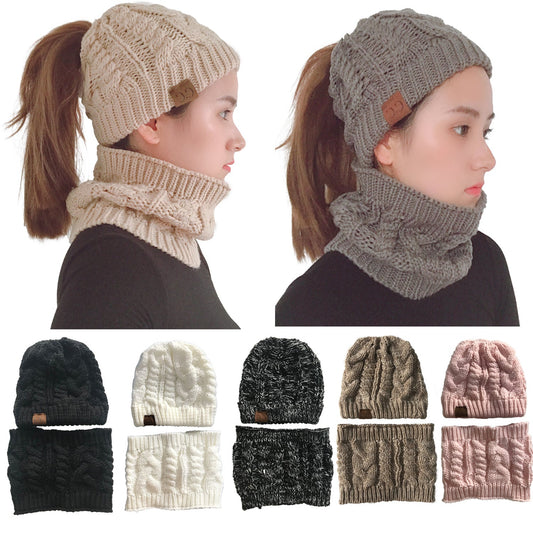 Autumn Winter Women's Hat Caps Knitted Warm ring Scarf Windproof Balaclava Multi Functional CC ponytail Hats Scarf Set For Women - Krosscanada