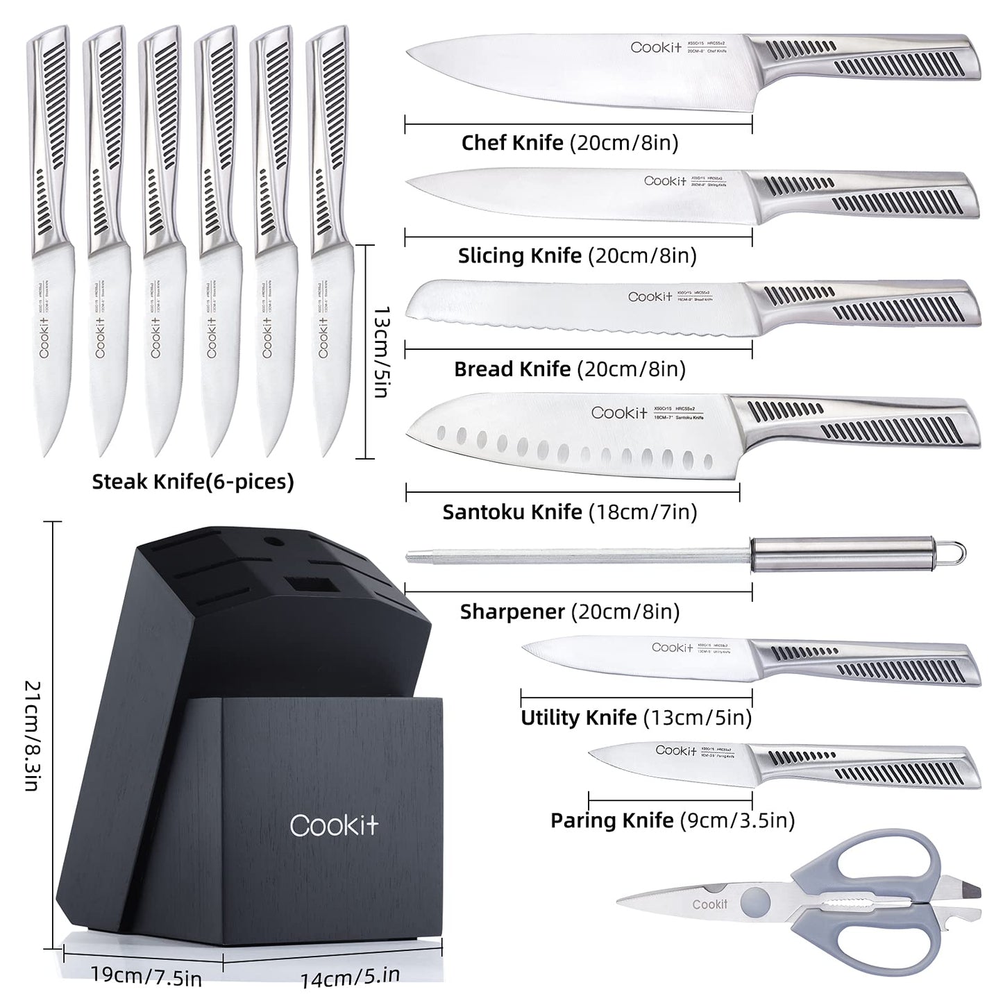 Kitchen Knife Set, 15 Piece Knife Sets with Block, Chef Knives with Non-Slip German Stainless Steel Hollow Handle Cutlery Set with Multifunctional Scissors Knife Sharpener  Amazon Platform Banned - KKscollecation