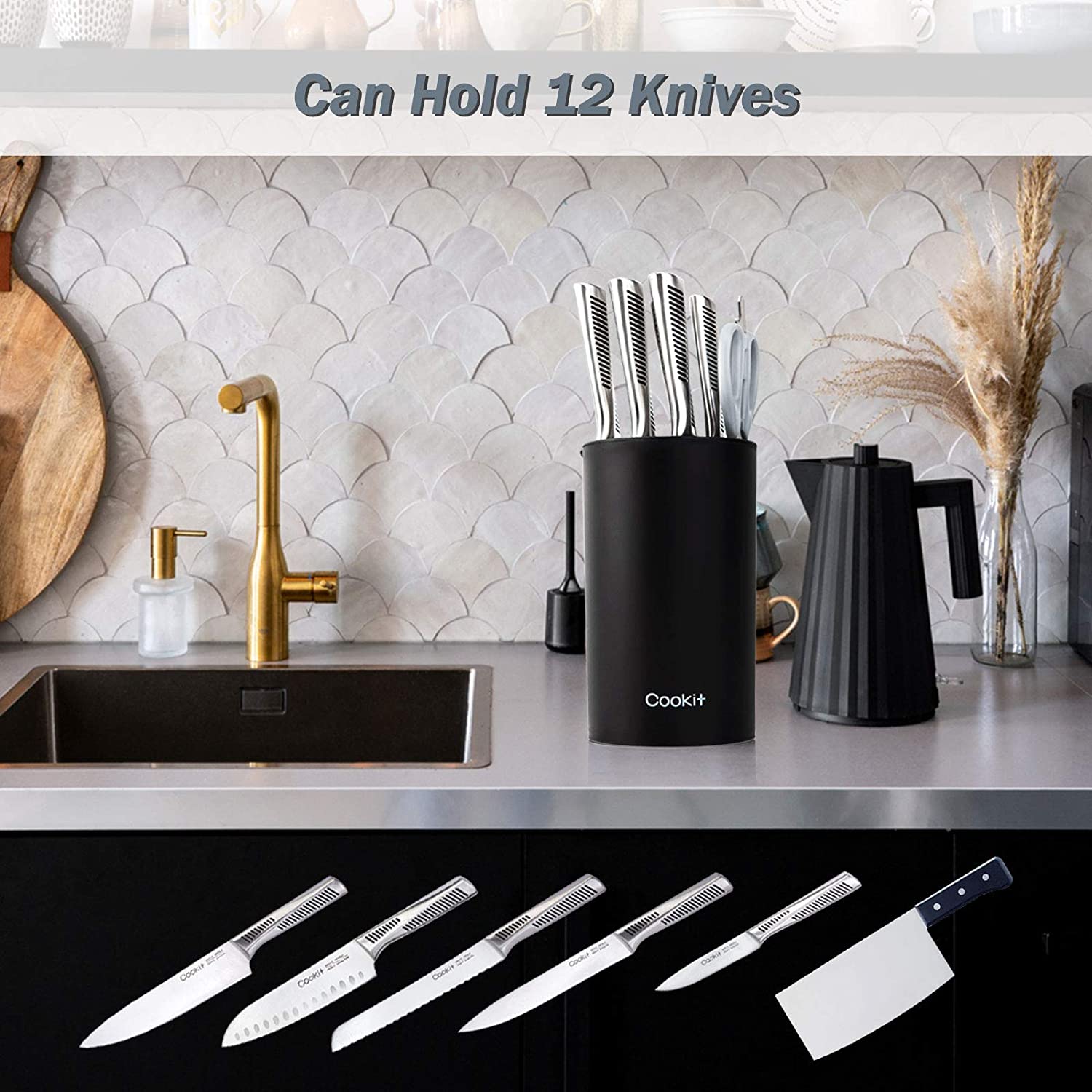 Knife Block Holder, Universal Knife Block without Knives, Unique Double-Layer Wavy Design, Round Black Knife Holder for Kitchen, Space Saver Knife Storage with Scissors Slot Amazon Platform Banned - KKscollecation