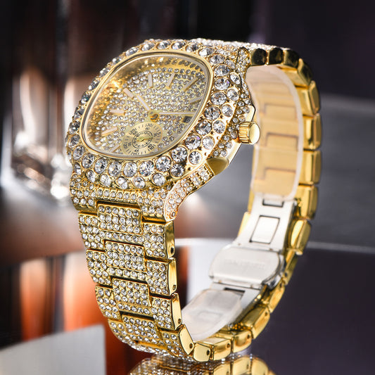 Full Diamond Hip Hop Calendar Luminous Quartz Waterproof Business Men's Gold Watch - KKscollecation