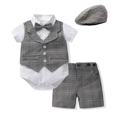 Baby Boy Gentleman Suit Romper Vest Shorts Bow Tie - Krosscanada