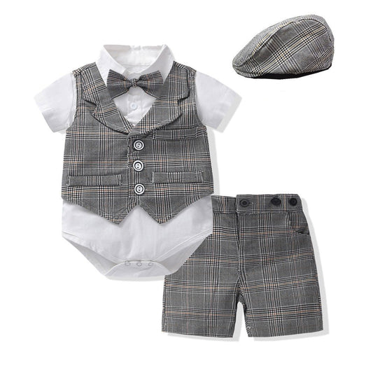 Baby Boy Gentleman Suit Romper Vest Shorts Bow Tie - Krosscanada
