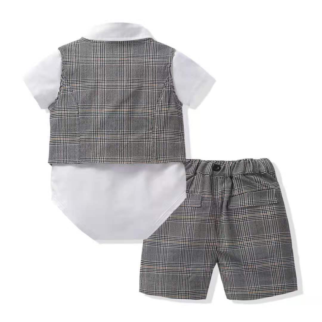 Baby Boy Gentleman Suit Romper Vest Shorts Bow Tie - Krosscanada