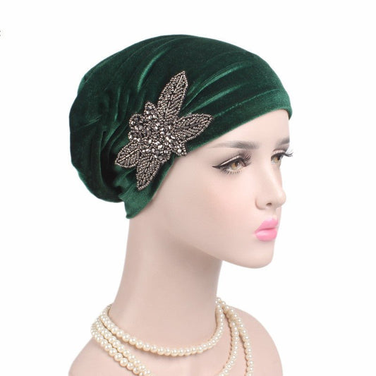 Beaded Flower Accessories Turban Hat Velvet Pleated Hood - Krosscanada