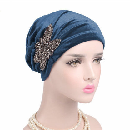 Beaded Flower Accessories Turban Hat Velvet Pleated Hood - Krosscanada