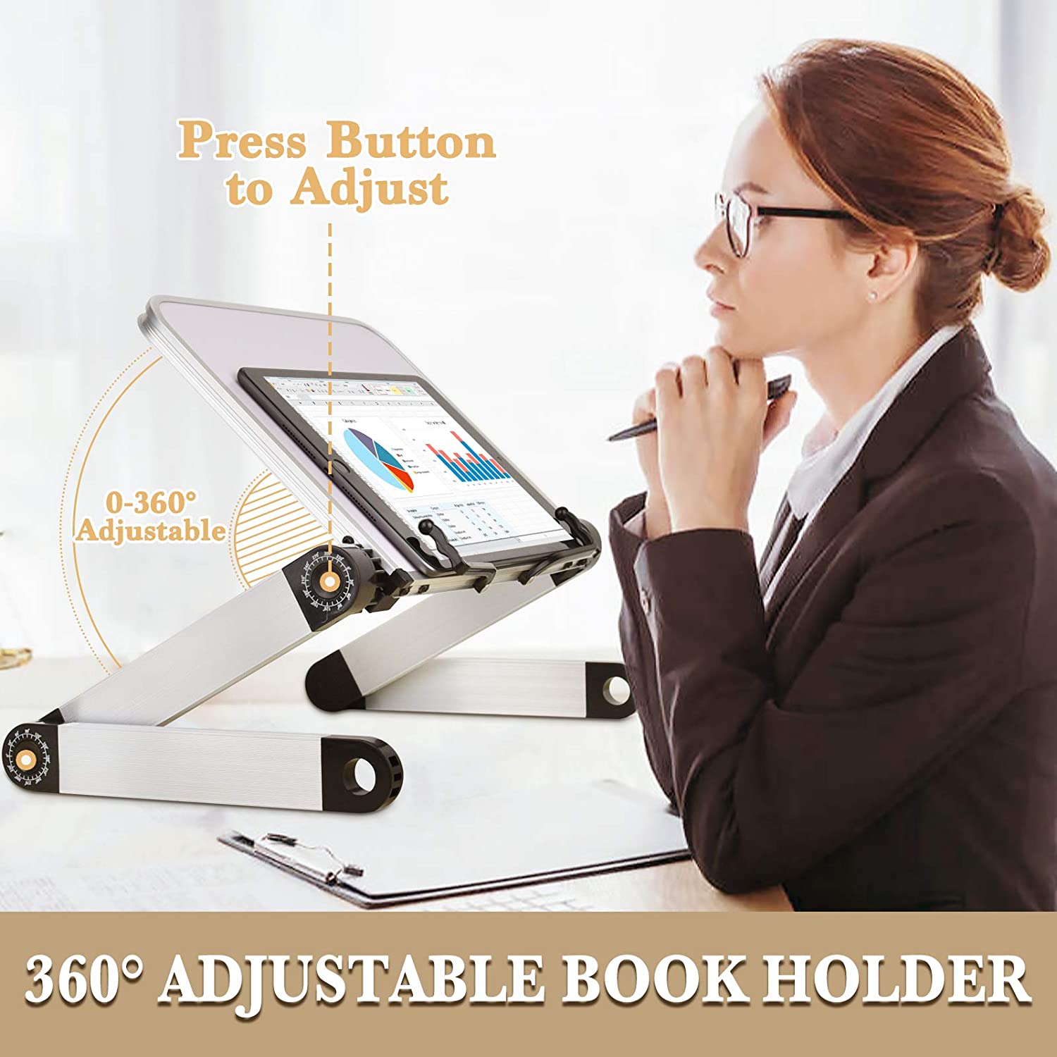 Book Stand, Book Holder Adjustable Height & Angle Ergonomic with Page Paper Clips for Reading Big Heavy Textbooks Music Books Tablet Cook Recipe Hands Free ,White,Amazon Banned - Krosscanada