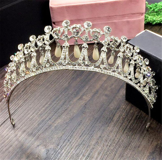 Bridal Crown Rhinestone Pearl Water Drop Hair Accessories Wedding Dress Ornaments - Krosscanada