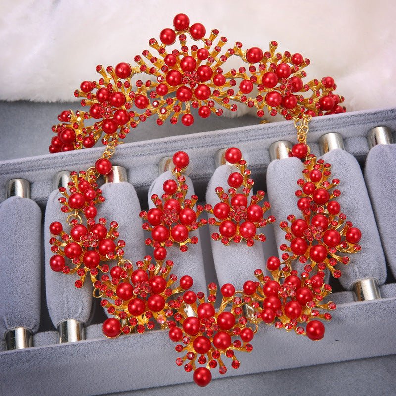 Bridal jewelry, Korean pearl red jewelry three sets, Europe and the United States Wedding Necklace, wedding accessories wholesale - Krosscanada
