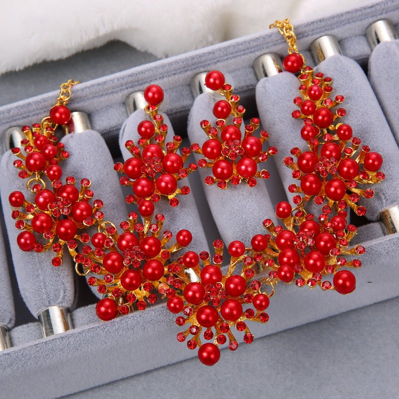 Bridal jewelry, Korean pearl red jewelry three sets, Europe and the United States Wedding Necklace, wedding accessories wholesale - Krosscanada