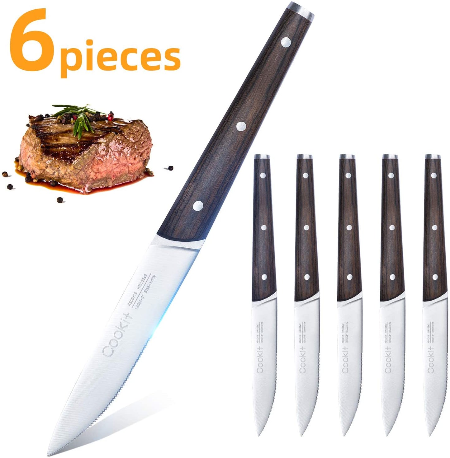 6Pcs Steak Knife Set Serrated Stainless Steel Utility with Wooden Handle for Home Dining Restaurant - KKscollecation