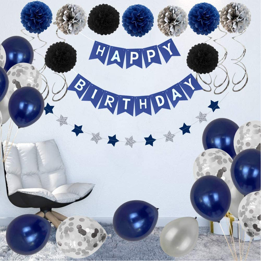 Navy Blue Birthday Pull Flag Night Blue Balloons Paper Flower Ball Decoration Set - KKscollecation