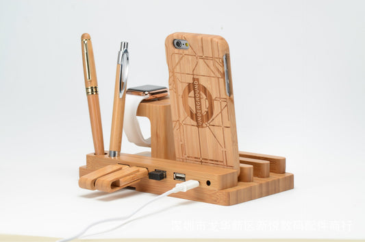 Compatible with Apple , Bamboo, wood andMobile applewatch bracket charging wooden bracket multi - function flat cell phone base - Krosscanada