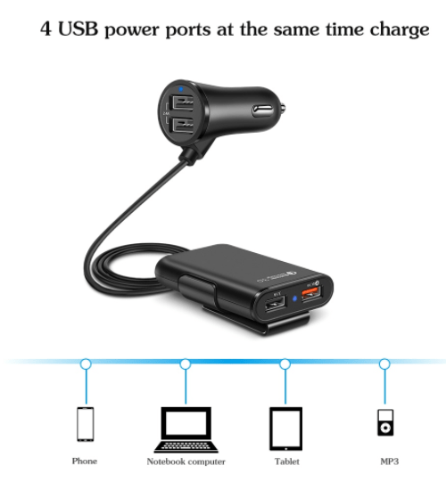 Compatible With Back Seat Car Charger QC3.0 2.4A3.1A 4 USB Car Charger With Cable A Clip - Krosscanada