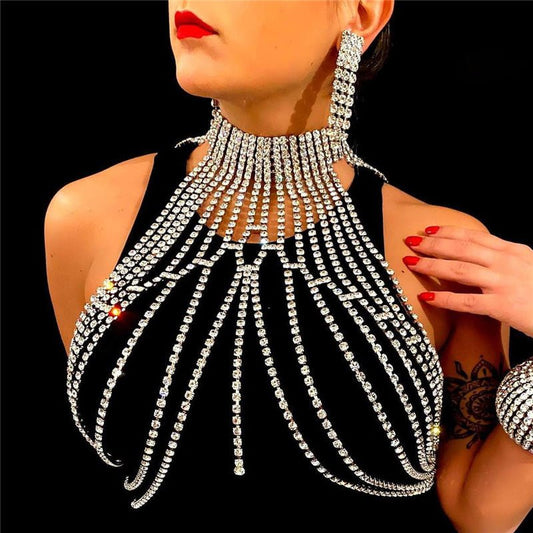 Fashion Exaggerated Long Tassel Rhinestone Chest Chain Accessories - Krosscanada