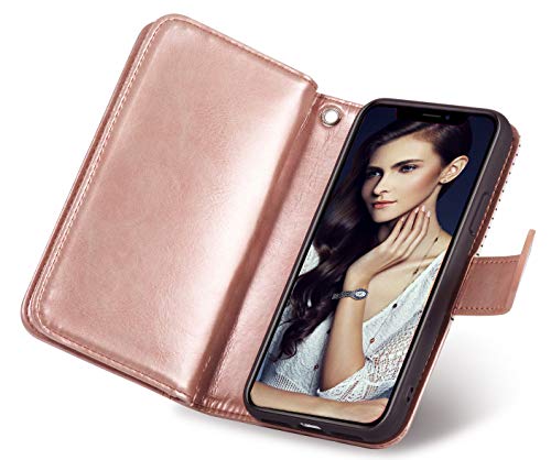 FLYEE Compatible with iPhone 12 Pro Max(6.7 inch,2020 Release),Wallet Case for Women and Girls with Card Holder,9 Cards Slots Premium Leather Flip Case [Embossed] Protective with Mirror - Rose Gold - Krosscanada