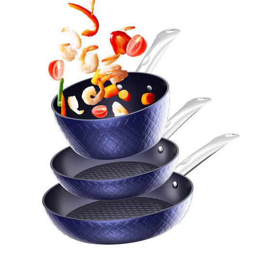 Frying Pan Sets Non Stick 3Pieces Blue 3D Diamond Cookware - Krosscanada