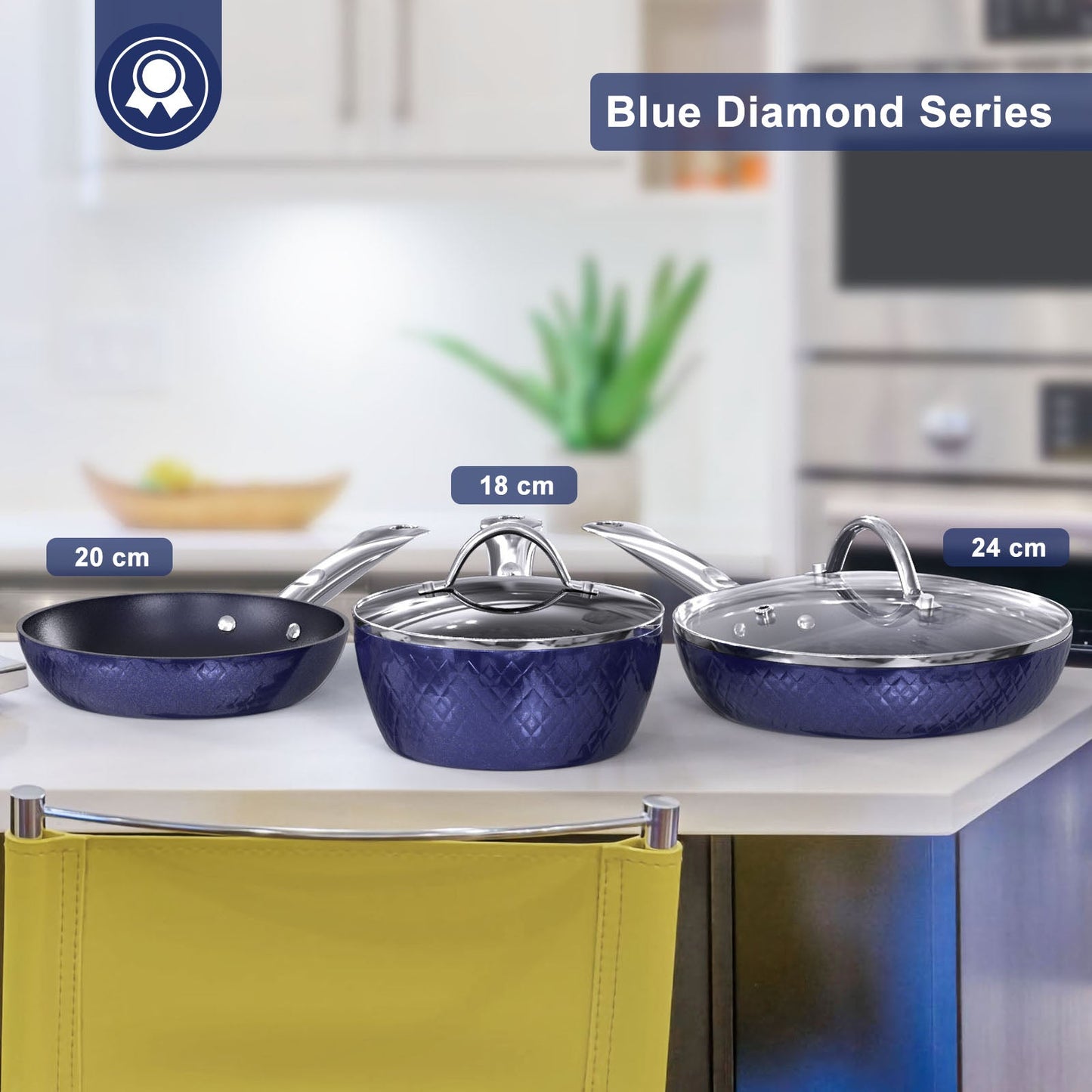 Frying Pan Sets Non Stick 3Pieces Blue 3D Diamond Cookware - Krosscanada
