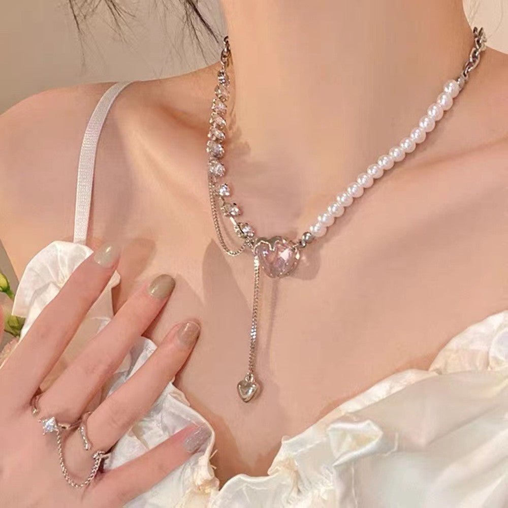 Heart Piece Pearl Necklace Hip Hop Accessory - Krosscanada