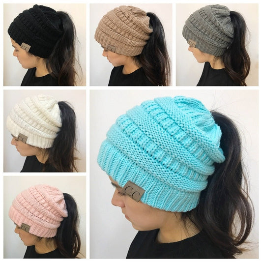 High Bun Ponytail Beanie Hat Chunky Soft Stretch Cable Knit Warm Fuzzy Lined Skull Beanie Acrylic Hats Men And Women - Krosscanada