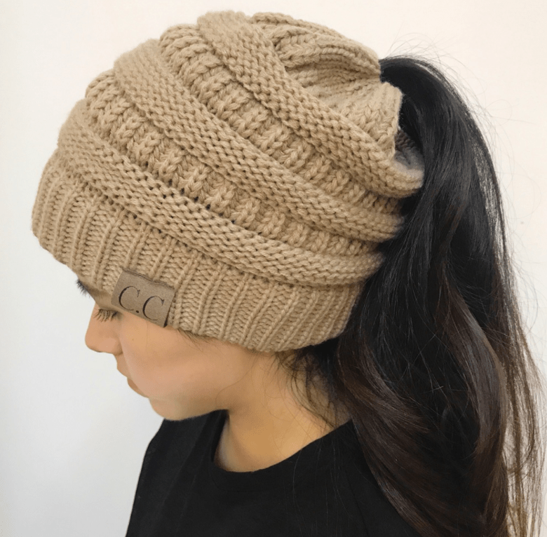 High Bun Ponytail Beanie Hat Chunky Soft Stretch Cable Knit Warm Fuzzy Lined Skull Beanie Acrylic Hats Men And Women - Krosscanada