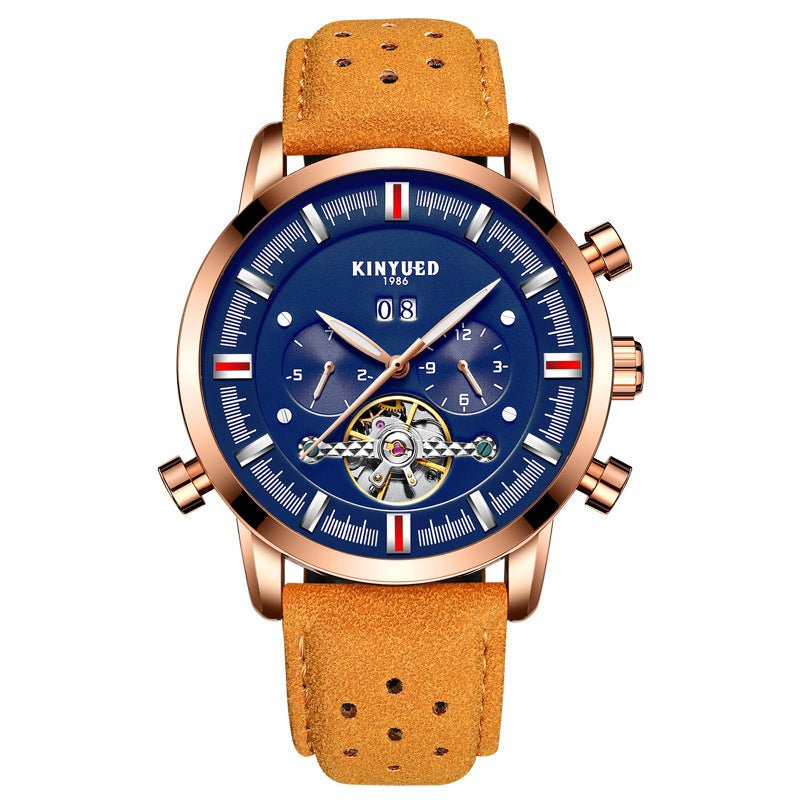 KINYUED Swiss brand men's leather strap, large dial Tourbillon automatic mechanical watch - Krosscanada