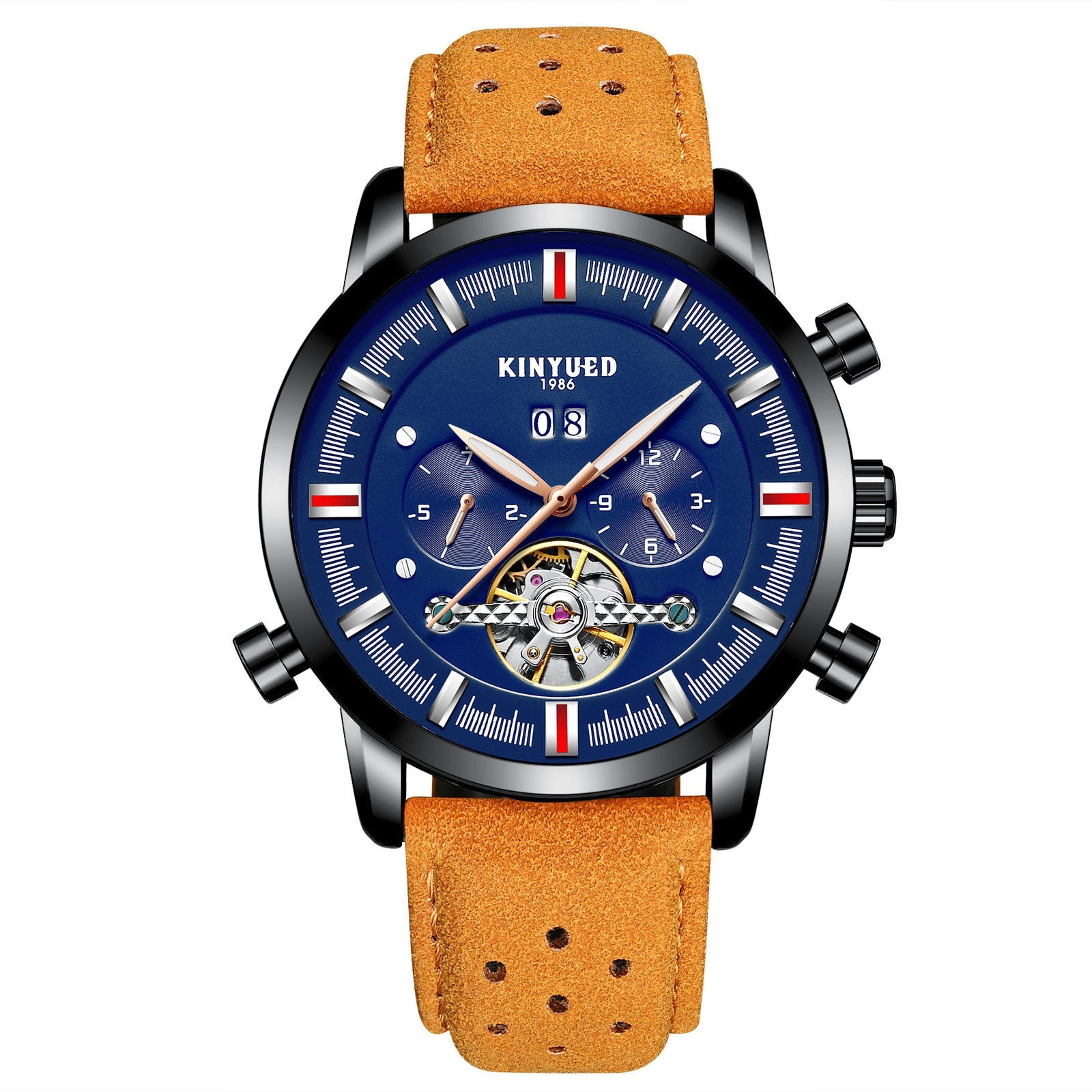 KINYUED Swiss brand men's leather strap, large dial Tourbillon automatic mechanical watch - Krosscanada
