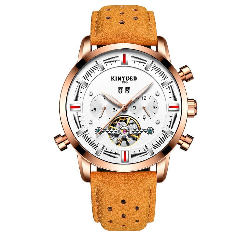 KINYUED Swiss brand men's leather strap, large dial Tourbillon automatic mechanical watch - Krosscanada