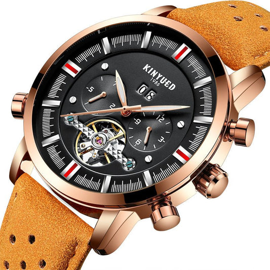 KINYUED Swiss brand men's leather strap, large dial Tourbillon automatic mechanical watch - Krosscanada