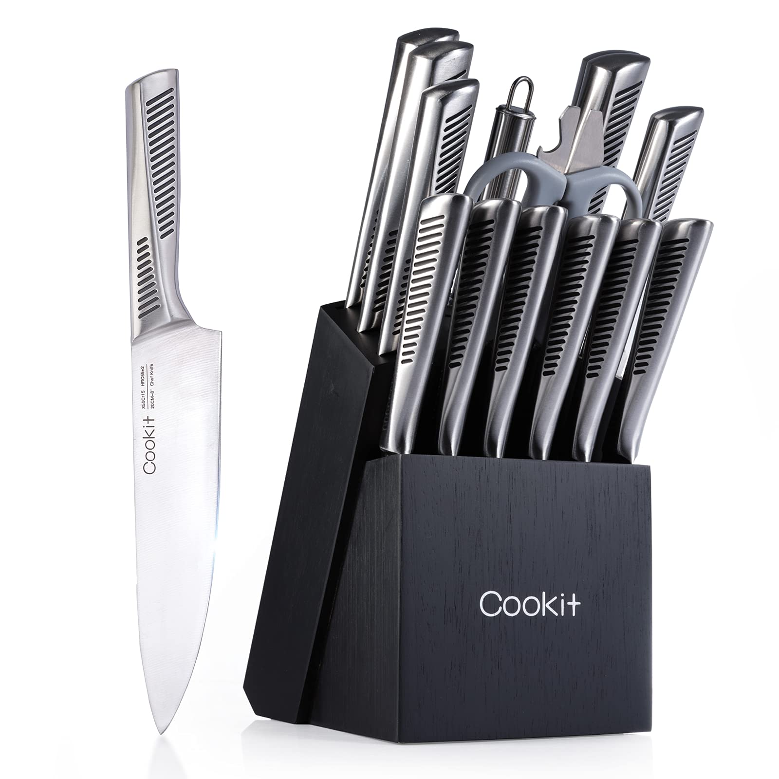 Kitchen Knife Set, 15 Piece Knife Sets with Block, Chef Knives with Non - Slip German Stainless Steel Hollow Handle Cutlery Set with Multifunctional Scissors Knife Sharpener Amazon Platform Banned - Krosscanada