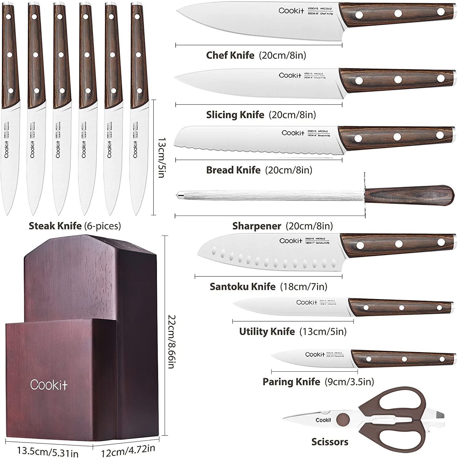 Kitchen Knife Sets, 15 Piece Knife Sets with Block for Kitchen Chef Knife Stainless Steel Knives Set Serrated Steak Knives with Manual Sharpener Knife Amazon Platform Banned - Krosscanada