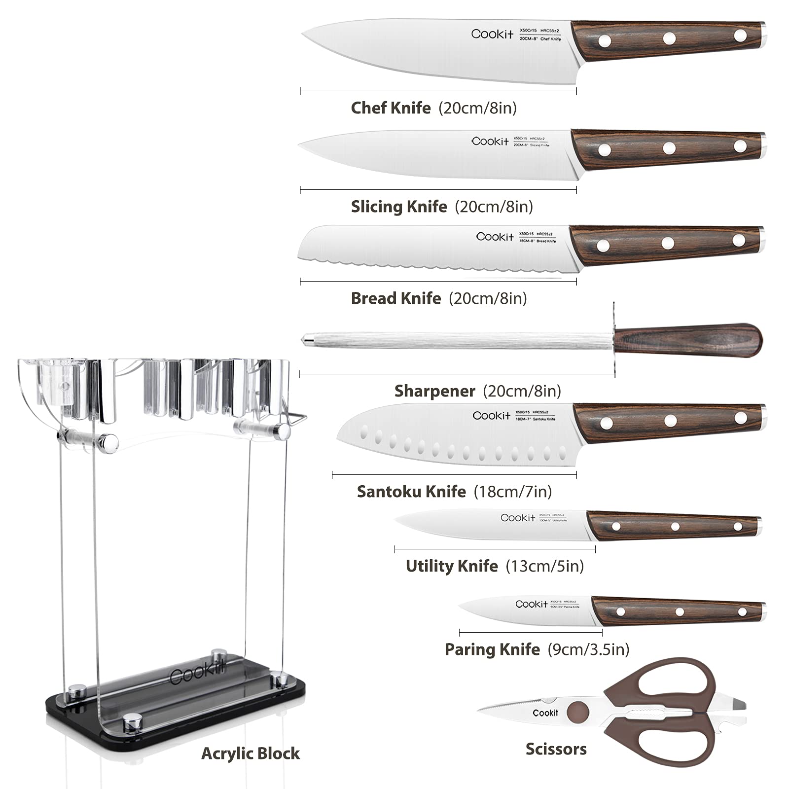 Knife Block with Knife, 9 - Piece Kitchen Knife Set Sharp with Acrylic Block Holder, Wooden Handle with Manual Sharpener, Peeling Scissors - Best Cutlery Set Gift Amazon Platform Banned - Krosscanada