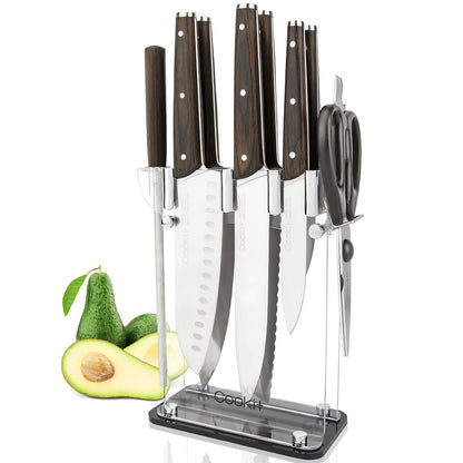 Knife Block with Knife, 9 - Piece Kitchen Knife Set Sharp with Acrylic Block Holder, Wooden Handle with Manual Sharpener, Peeling Scissors - Best Cutlery Set Gift Amazon Platform Banned - Krosscanada
