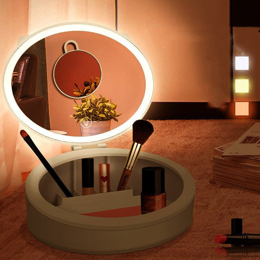 LED Makeup Mirror Desktop Girls Dormitory With Light Storage Box Home Decor - Krosscanada