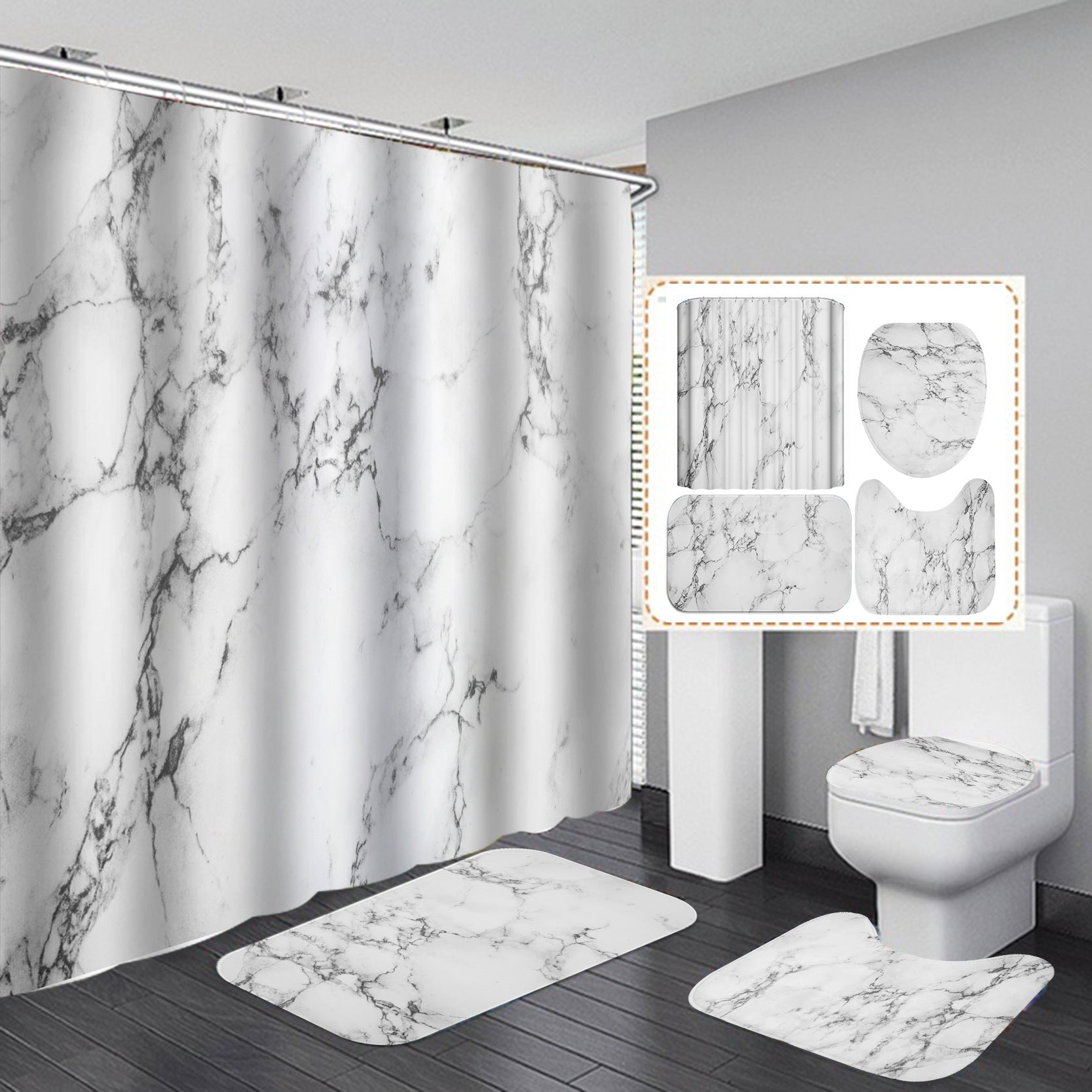Marble White Shower Curtain Set With Non Slip Rug Bath Mat Carpet Modern Bathroom - Krosscanada