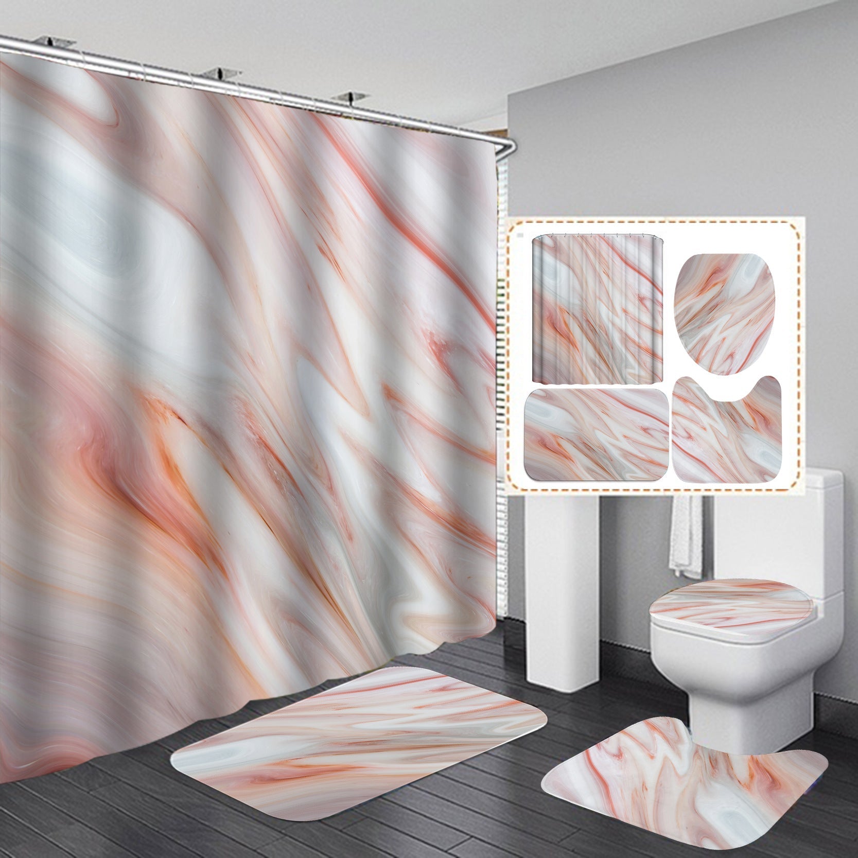 Marble White Shower Curtain Set With Non Slip Rug Bath Mat Carpet Modern Bathroom - Krosscanada
