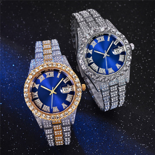 Men's Hip Hop Business Steel Band Calendar Full Drill Watch - Krosscanada
