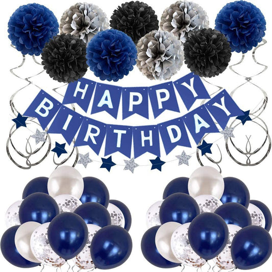 Navy Blue Birthday Pull Flag Night Blue Balloons Paper Flower Ball Decoration Set - Krosscanada