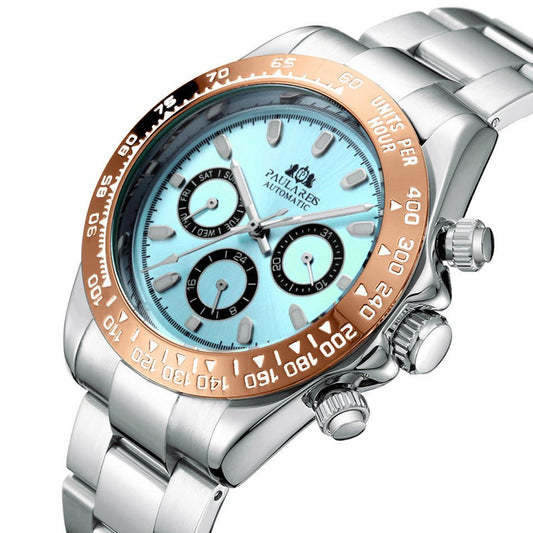 PAULAREIS Automatic Mechanical Multi - Function Strong Luminous Ice Blue Steel Belt Men's Watch - Krosscanada