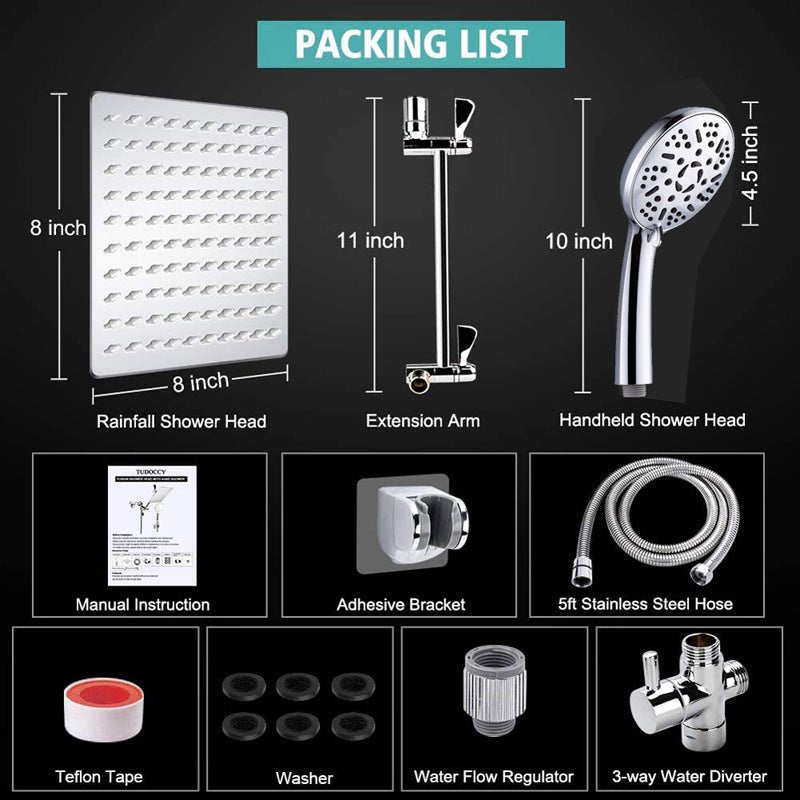 Stainless Steel Top Spray With Extension Rod 9 Function Handheld Dual Shower Set - Krosscanada