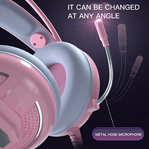 Themart Pink Headset Girl Cute Mobile Phone Computer Game PS Luminous Wired Headset 3D Stereo With Microphone - Krosscanada
