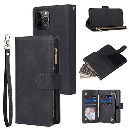 Wallet Case Compatible with iPhone 12/12 Pro (6.1 inch), Premium PU Leather Zipper Flip Folio Wallet with Wrist Strap Magnetic Closure Built - in Kickstand Protective Case - Black - Krosscanada
