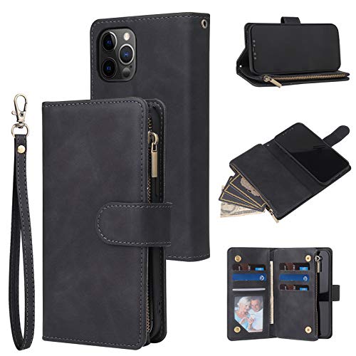 Wallet Case Compatible with iPhone 12/12 Pro (6.1 inch), Premium PU Leather Zipper Flip Folio Wallet with Wrist Strap Magnetic Closure Built - in Kickstand Protective Case - Black - Krosscanada