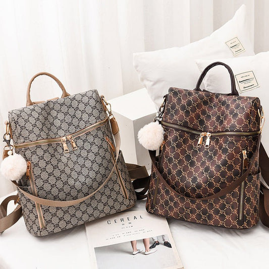 Women's Double Shoulder Traval Casual Backpack Fashion PU Leather Print Pattern Rucksack - Krosscanada