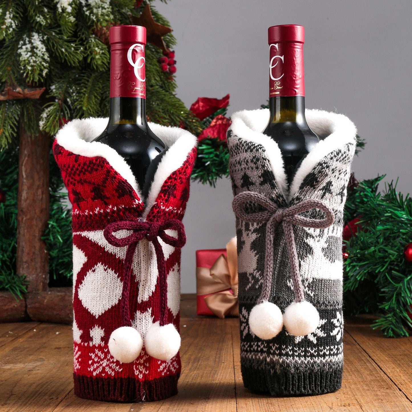 Wool Ball Knitted Red Wine Set For Christmas - Krosscanada